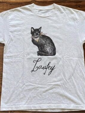 Laufey Cat White Graphic Tee - Black Cat Design